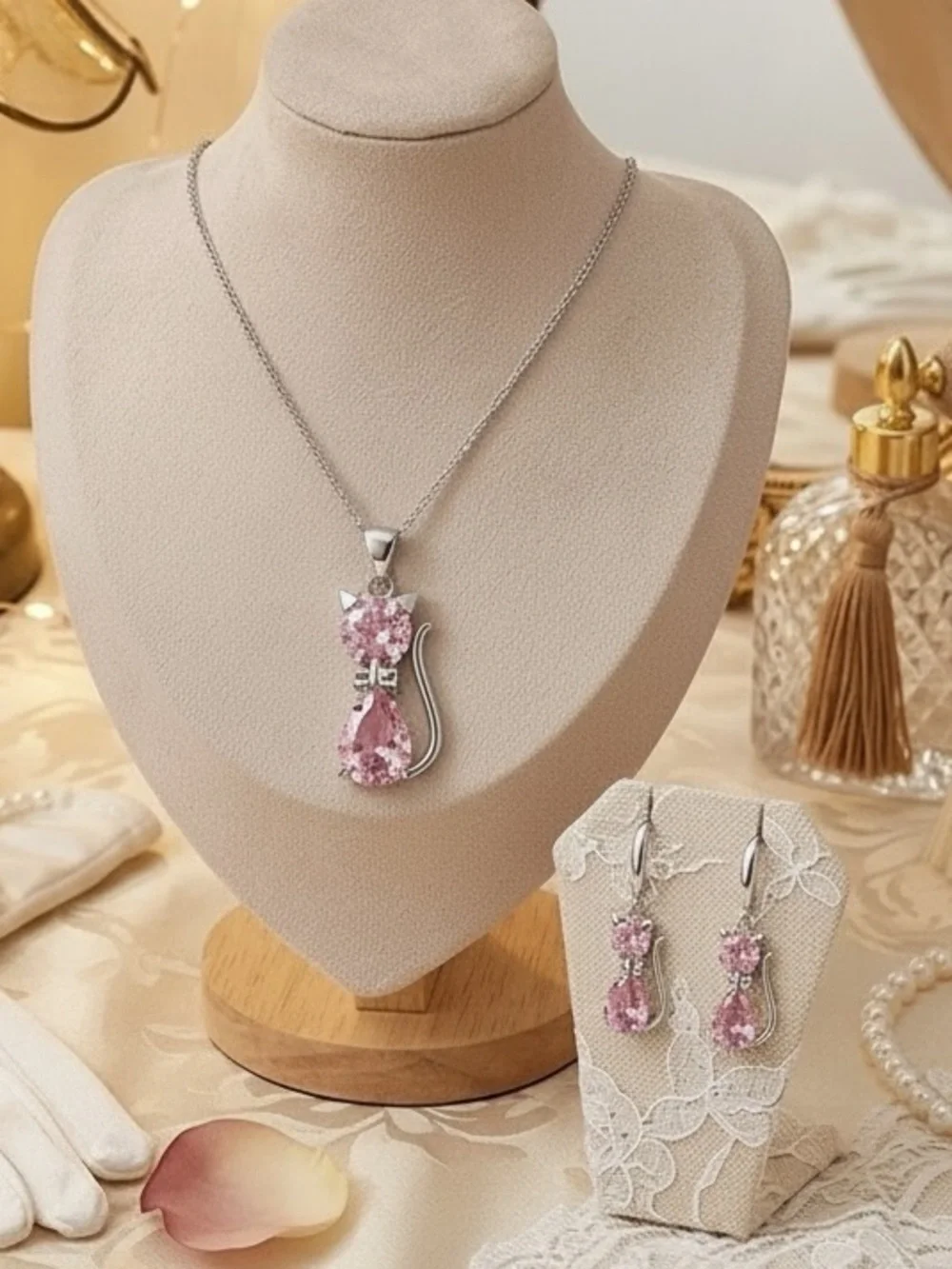 Sterling Silver Pink Bling Cat Jewelry Set Coquette Whimsygoth Cat Mom Glam Y2K